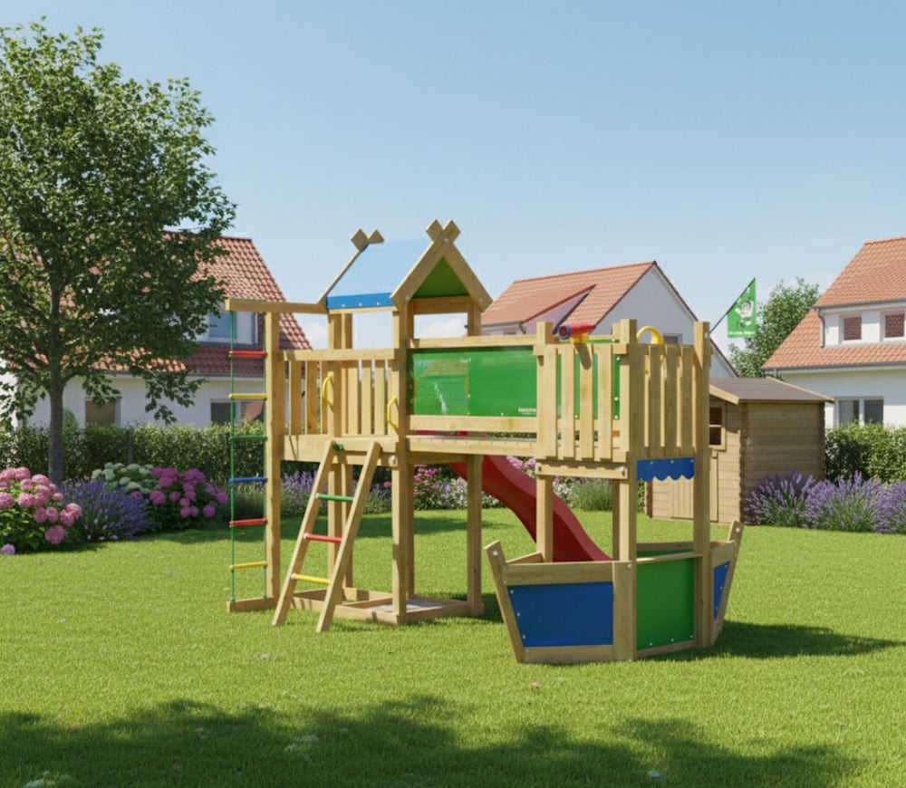 Jungle Warrior | Wooden climbing frame with slide & market stall
