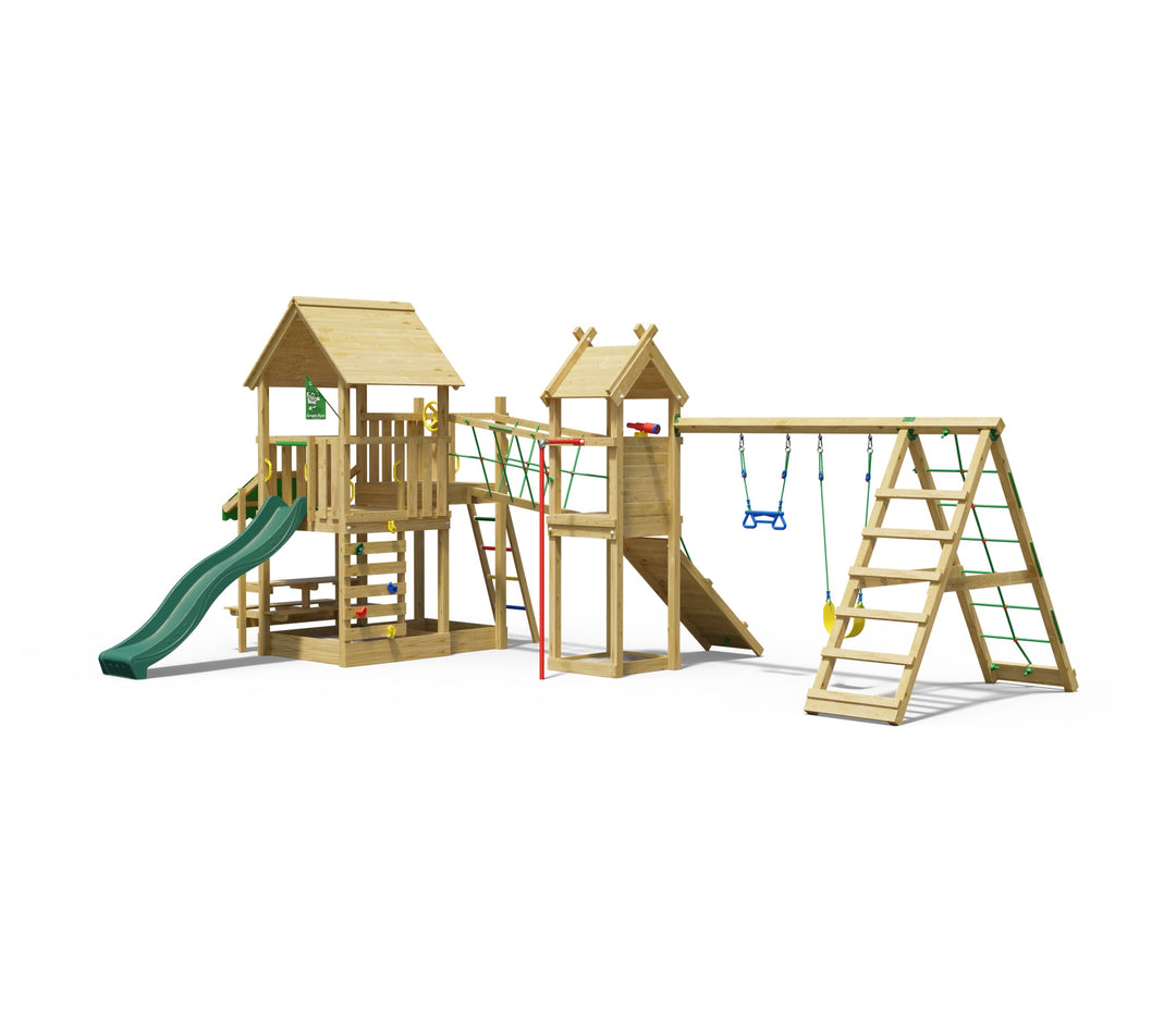 Jungle Pavillon | Wooden climbing frame with swings & climbing net